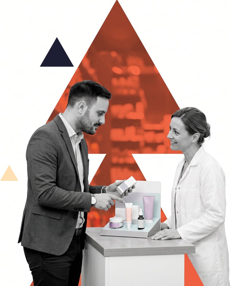 Commercial en échange avec une pharmacienne au comptoir d’une officine, devant un présentoir de produits de soin